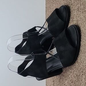 EILEEN FISHER SANDALS HEELS DOE TUMBLED NUBUCK LEATHER STRAP BLACK SZ 9